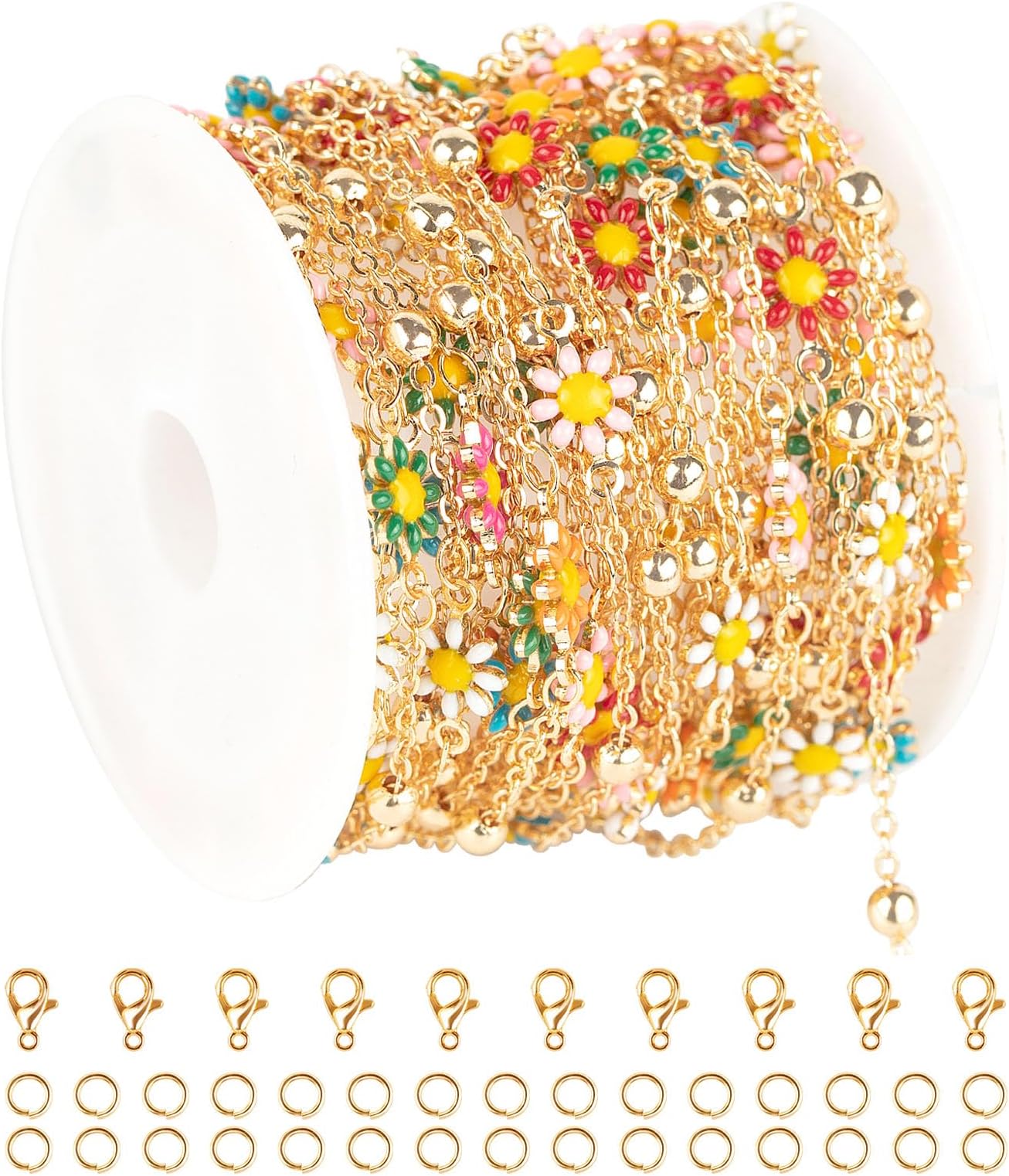 YOUBEIYEE 16.4 Feet Colorful Daisy Chain Necklace DIY for Women Gold Plated Brass Cross Chain with Bead Jewelry Chain Roll Jewelry Supplies Findings