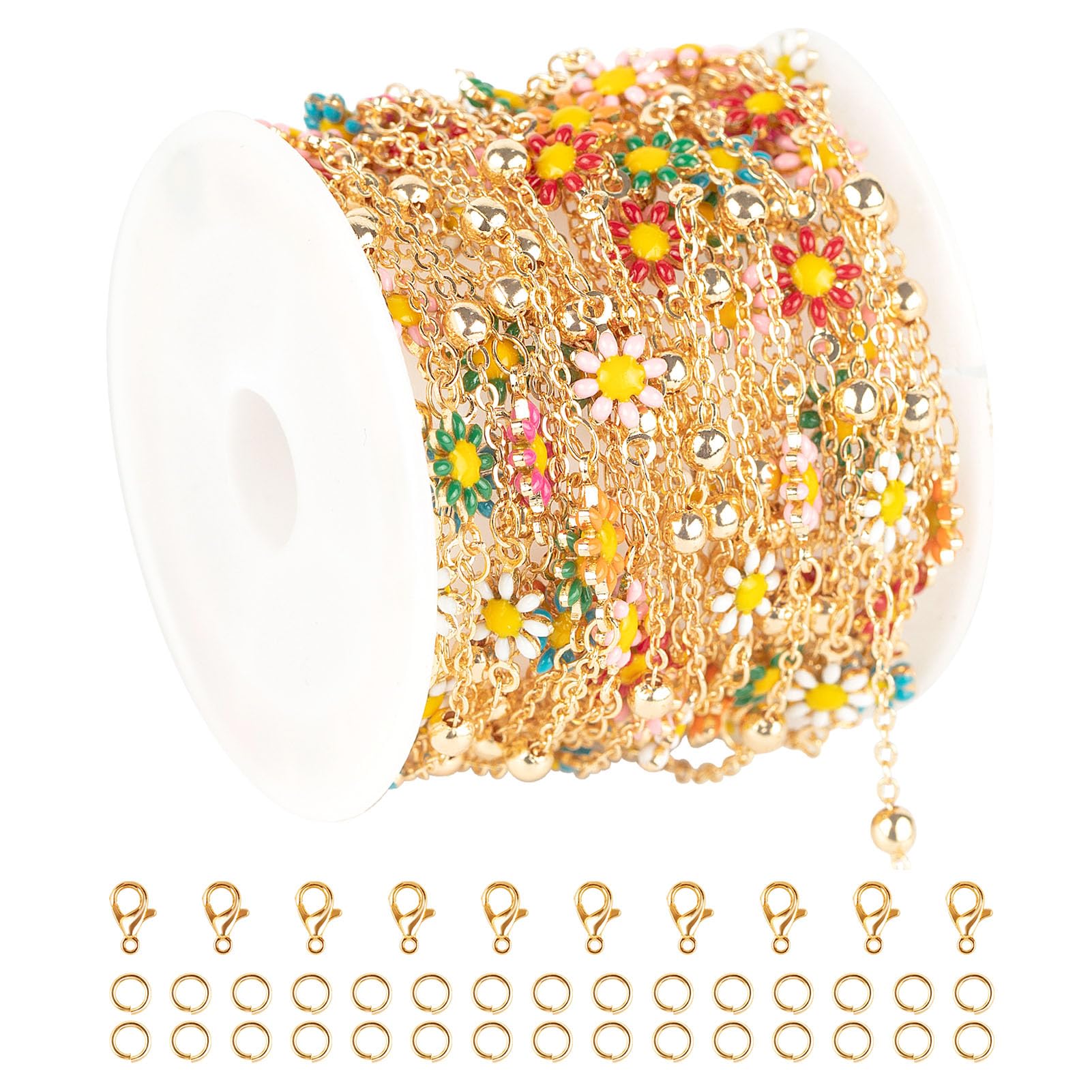 YOUBEIYEE 16.4 Feet Colorful Daisy Chain Necklace DIY for Women Gold Plated Brass Cross Chain with Bead Jewelry Chain Roll Jewelry Supplies Findings