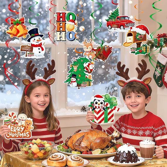 Christmas Decor Set: Banner & Hanging Swirls - for Home, Office, Classroom Indoor Christmas Party Decorations