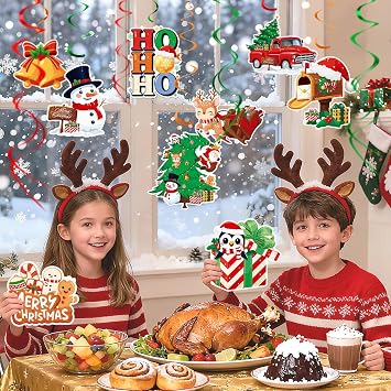 Christmas Decor Set: Banner & Hanging Swirls - for Home, Office, Classroom Indoor Christmas Party Decorations