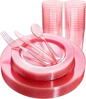 DaYammi 150PCS Pink Plastic Plates Disposable Pink Dinnerware Set Clear pink Party plates with Silver Glitter Design Include 25 Dinner plates,25 Cake Plate,75 Cutlery,25 Cup for Party