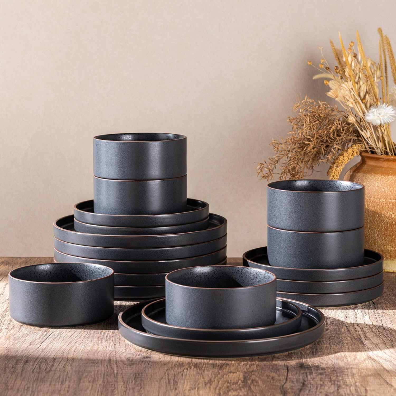 LERATIO Ceramic Dinnerware Sets of 4, High Edge Stoneware Plates and Bowls Set, Chip and Crack Resistant | Oven & Dishwasher & Microwave Safe Dishes Set, Service for 4 -Ashen