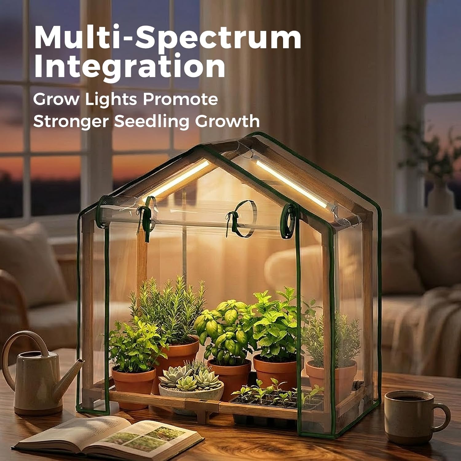 Leaf&Lull Mini Greenhouse Indoor Desktop with Grow Lights Small Grow Tent Reusable Portable Warm House with PE Cover Ventilation Window for Seed Starting&Plant Growth