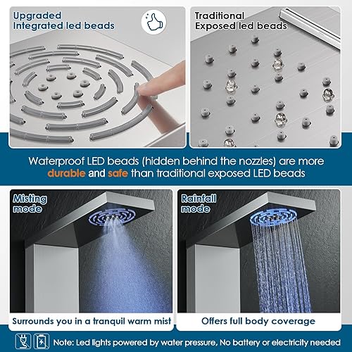 Miniatura 31 de ROVOGO Sistema de torre de panel de ducha LED con cabezal de ducha de lluvia, chorros corporales, boquilla de mano y bañera, sin luces LED