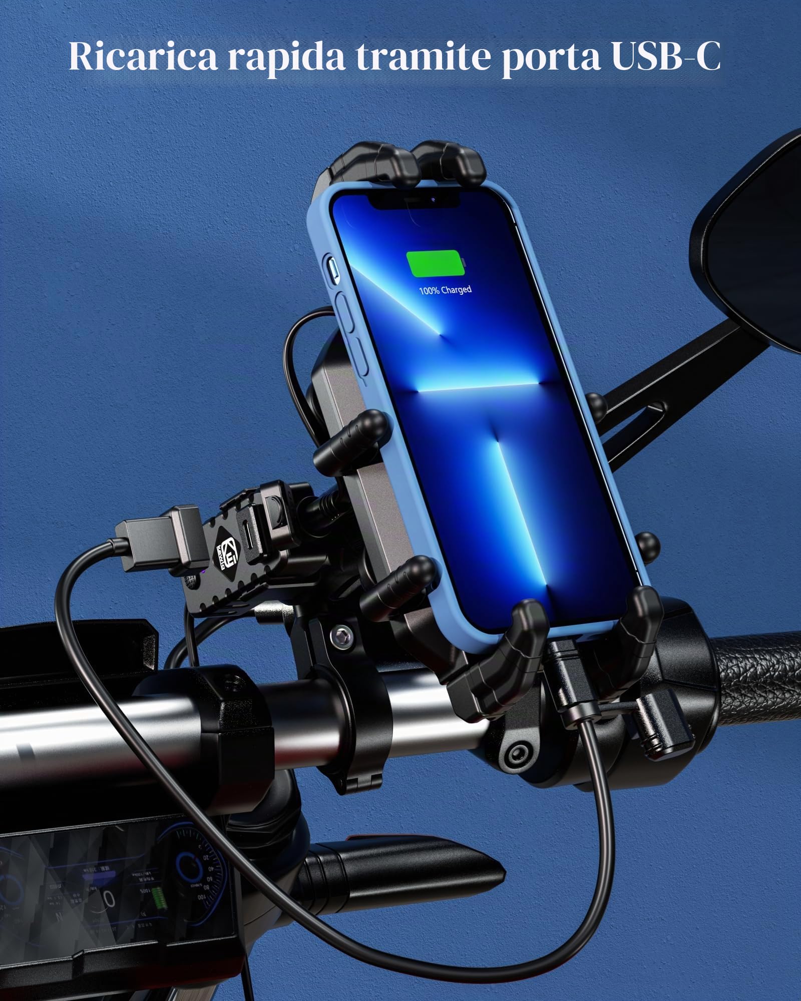 BRCOVAN Supporto per telefono da moto con caricabatterie wireless Qi e USB-C | Qi 15 W e PD 30 W, supporto antifurto per cellulare da manubrio con antivibrazioni, regolabile per smartphone da 5,4 a 7,2 ''