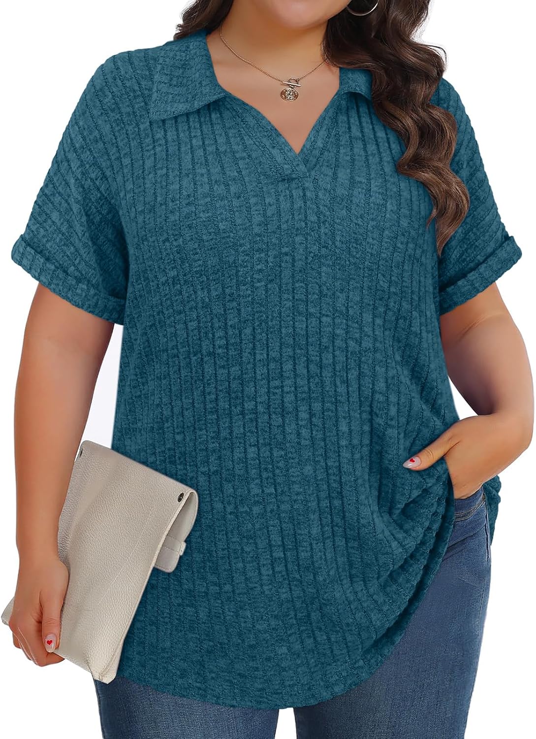 Koscacy Womens Plus Size Tops Short Sleeve Tunic Lapel V Neck Shirts Summer Casual Loose Blouse - Image 2