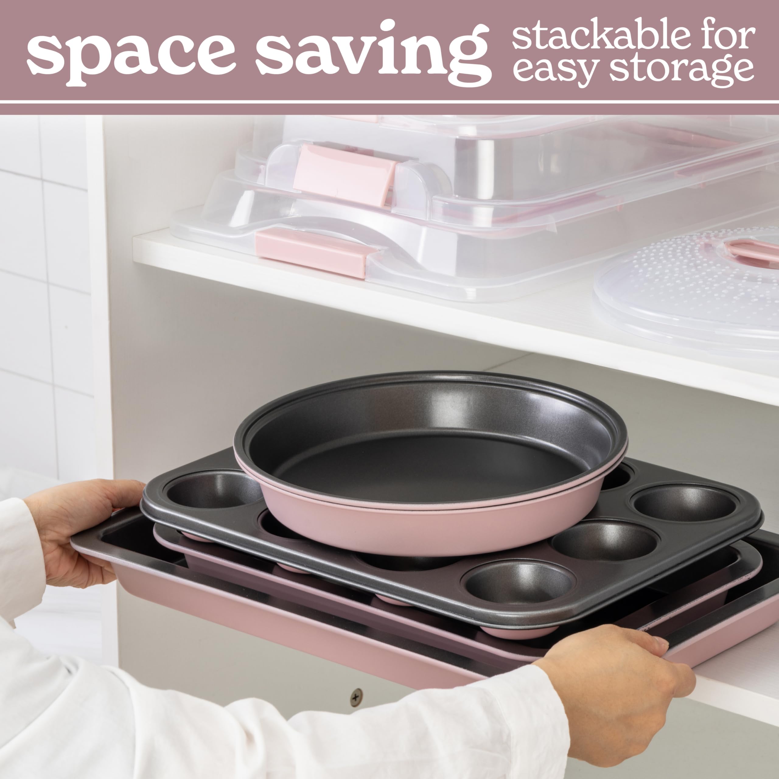 Country Kitchen Juego de 10 moldes antiadherentes para hornear con tapas de transporte para un fácil almacenamiento y viajes, perfectos para fiestas, apilables, color rosa