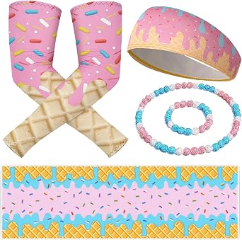 5 Pcs Baseball Ice Cream Drip Accessories, Ice Cream Drips Baseball Stuff Include 12x40 Cooling Towels, Headband, Arm Sleeves, Baseballs Drip Necklace Set for Men Women Sport Party Favors