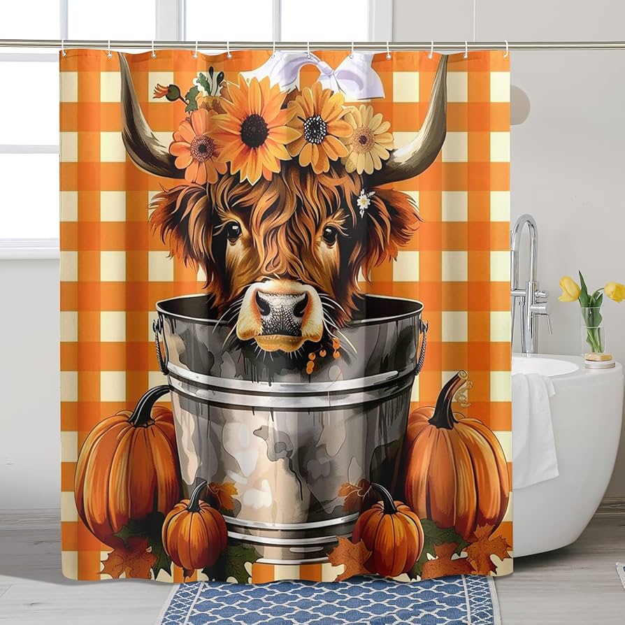 Sanzugh Duschvorhang-Set – Herbst-Kürbis-Hochland-Kuh-Design, 183x183 Cm | Aus Polyester, Mit Haken | Rustikale Bad-Deko