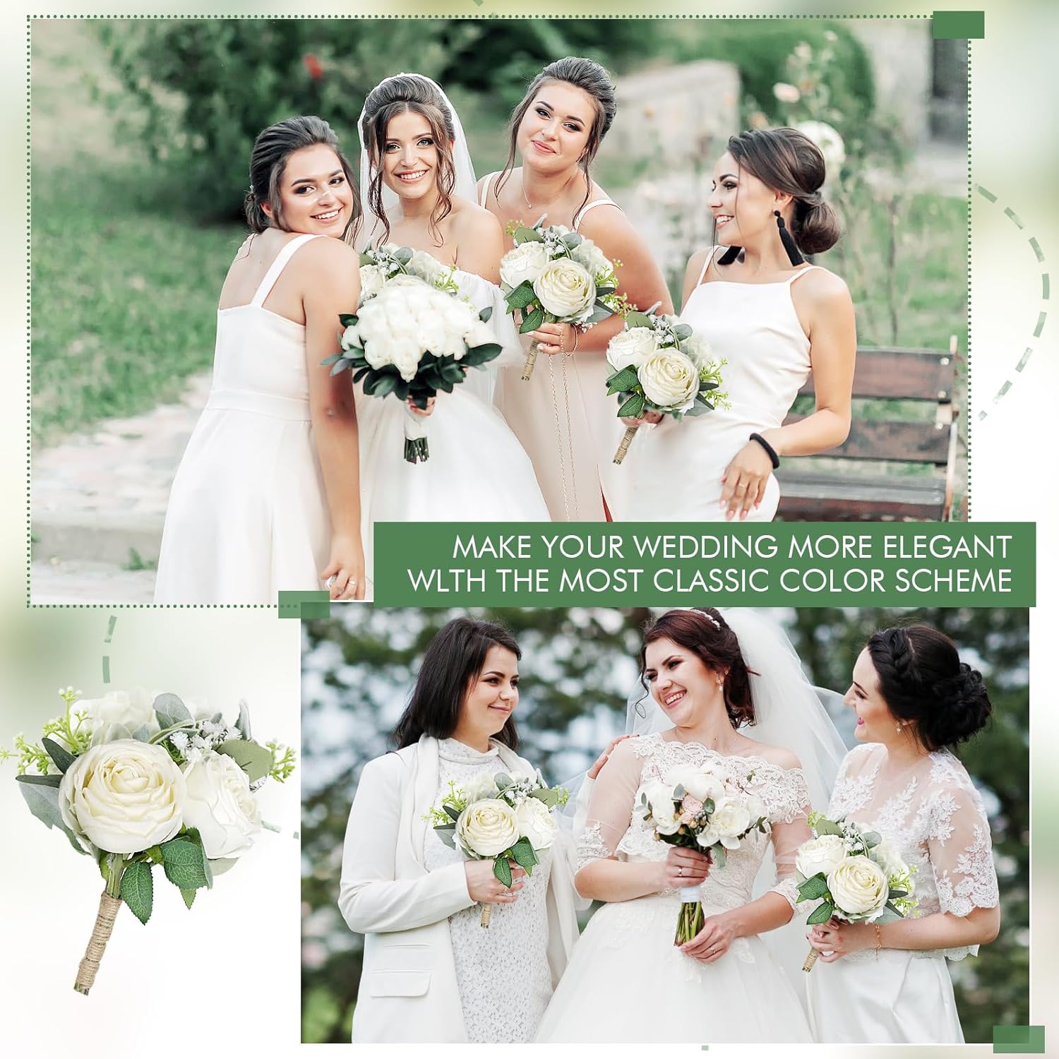 White Sage Bridesmaid Bouquets 6 Pack & Set of 4 Ivroy Rose & Babys Breath Bridesmaid Bouquets for Wedding