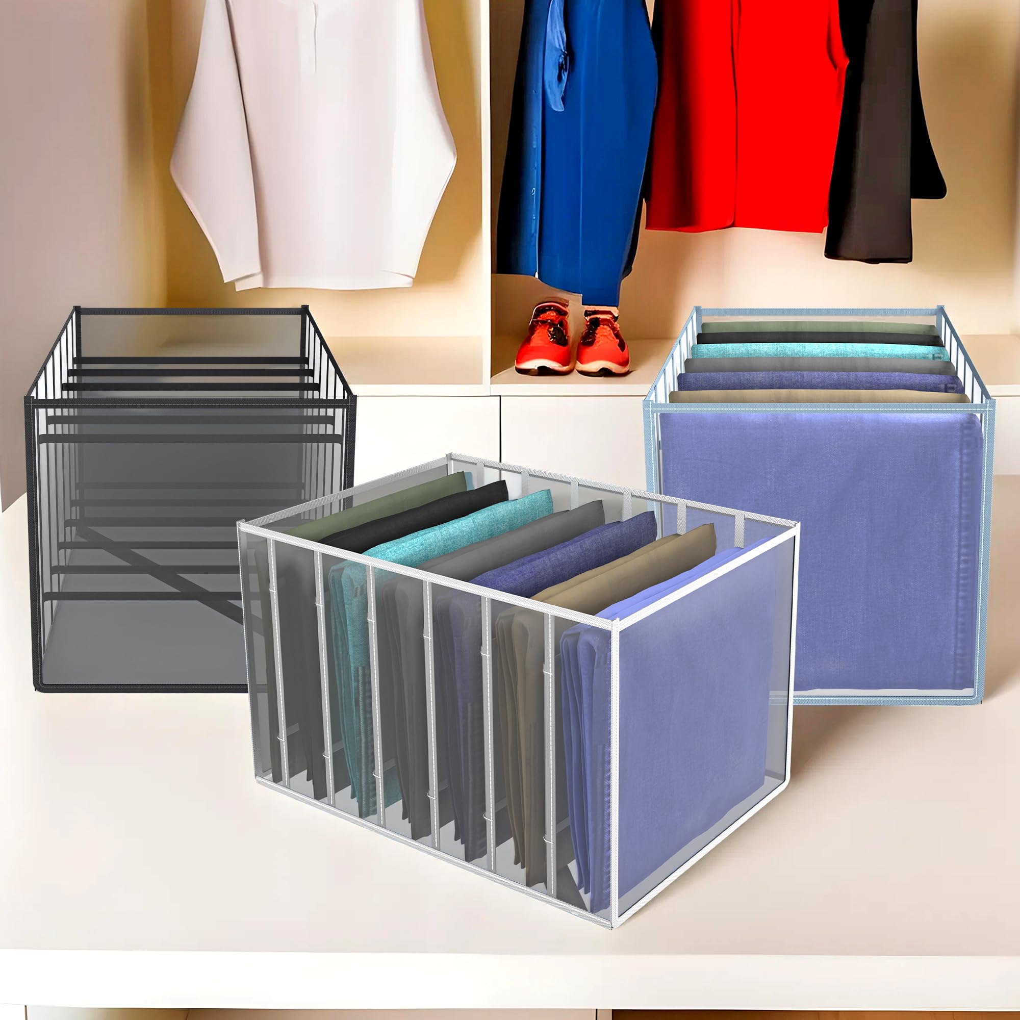 Kuber Industries Almirah 3 Stück Faltbare Schubladen-Organizer aus PVC, 0,40 mm, 7 Fächer, Aufbewahrungs-Organizer für Jeans, Hosen, Hemden | Mehrfarbig