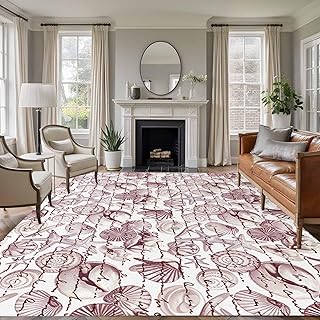 Rectangle Area Rug 6x9ft, Summer Ocean Red Starfish Shell Non-Slip Non-Shedding Floor Mat, Vintage Marine Life Washable Sturdy Carpet for Living Room Bedroom Home Decor