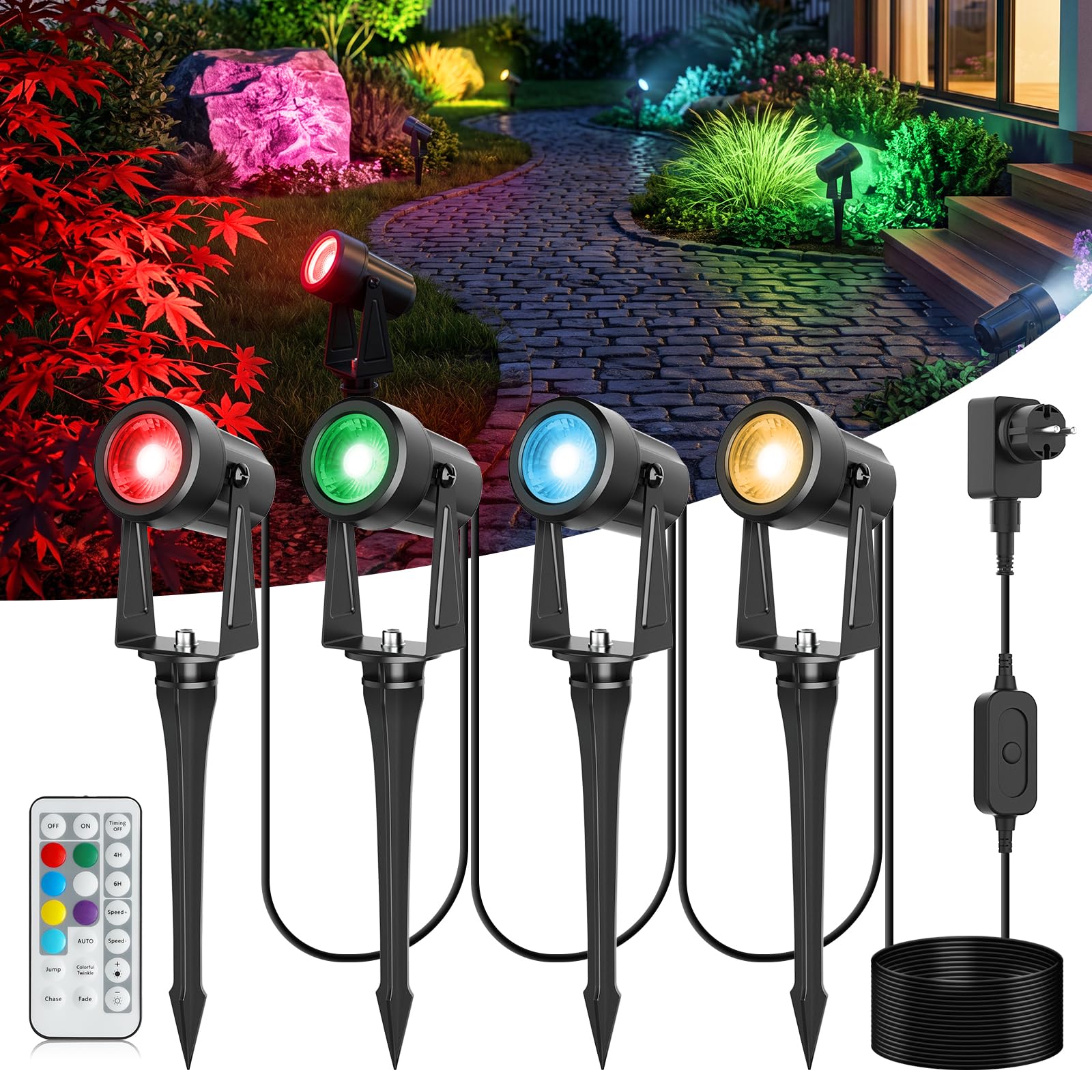 NIORSUN Éclairage Jardin LED RGB, Spot Extérieur 27V IP67, 17m, Lot de 4
