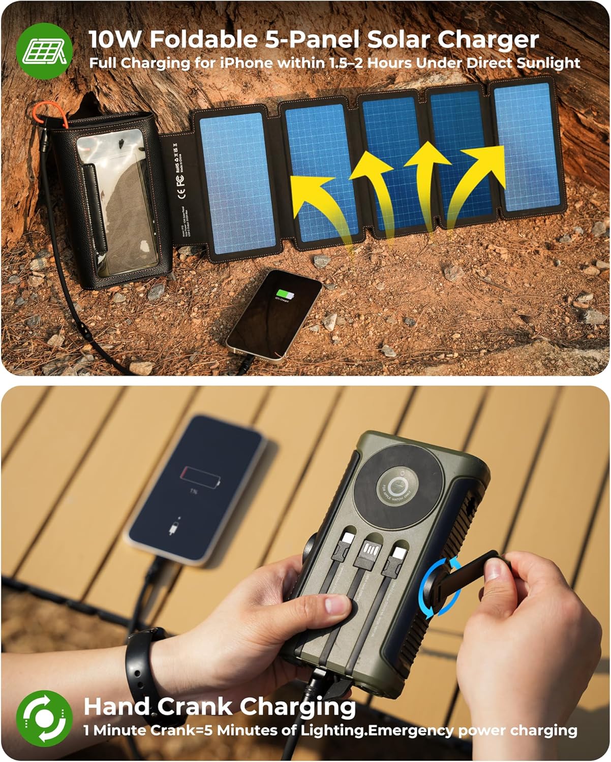 Solar Charger Power Bank 20000mAh: 10W Foldable 5 Solar Panels Pack and Hand Crank Portable Wireless Charger PD QC 3.0 Fast Charging USB C Battery Pack with Flashlight for Camping Travel 4 81O2mJMvGSL. AC SL1500