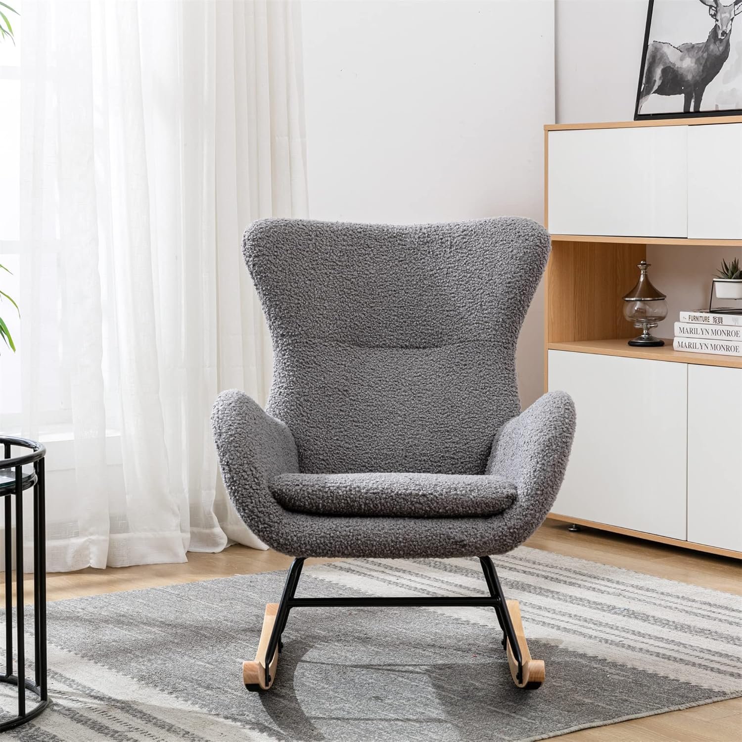 Homsof Modern High Backrest Rocking Nursery Upholstered Accent Rocker Armchair Living Room Lounge Chair, one Size, Grey
