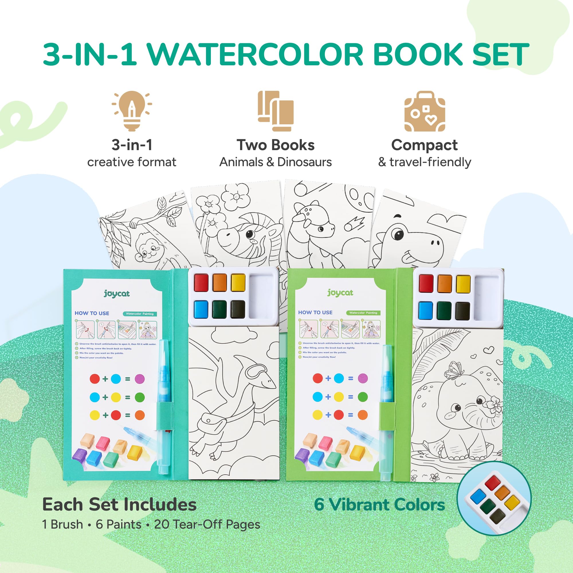 JoyCat Set da 2 Libri da Colorare con Acquerelli per Bambini, Set di Attività Creative e Artistiche, Kit Creativo da Viaggio e Casa, Regali per Ragazze e Ragazzi da 3 a 8 Anni (Verde Chiaro & Verde)
