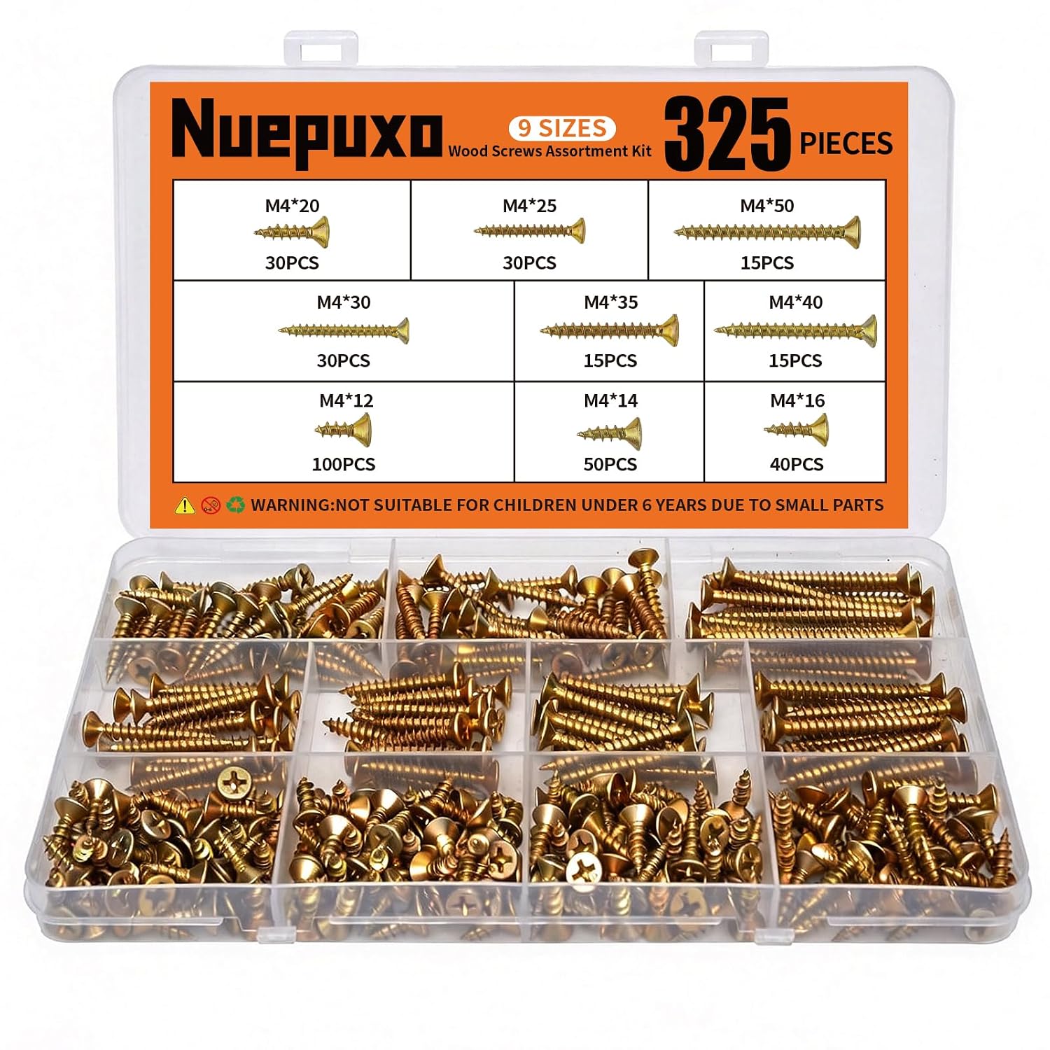 Kit de 325 Tornillos para Madera, 9 tamaños M4 Phillips Cabeza Plana | Tornillos Autorroscantes con acabado Zinc para Carpintería, Muebles y Reparaciones Diarias miniatura 1