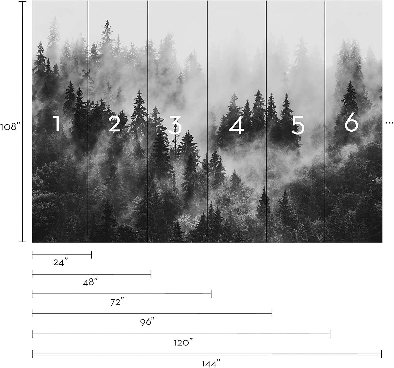 Simple Shapes Morning Forest Fog Mural Wall Art Wallpaper - Peel and Stick (6 Sheet Pack (2x9 feet), Black and White)