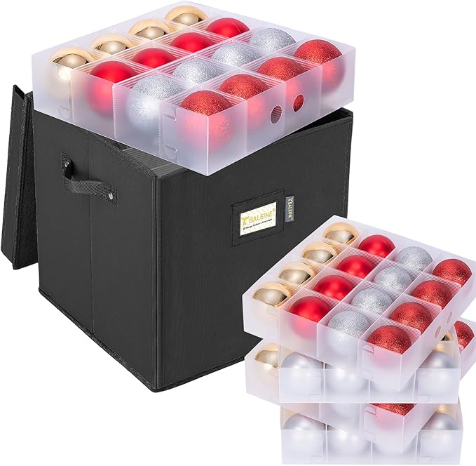 BALEINE Christmas Ornament Storage Box with Dividers, Premium Holiday Ornaments Storage Container Bin for Xmas Decorations (64 Ball, Black, Hard)
