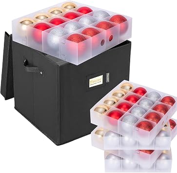 BALEINE Christmas Ornament Storage Box with Dividers, Premium Holiday Ornaments Storage Container Bin for Xmas Decorations 64 Ball, Black, Hard