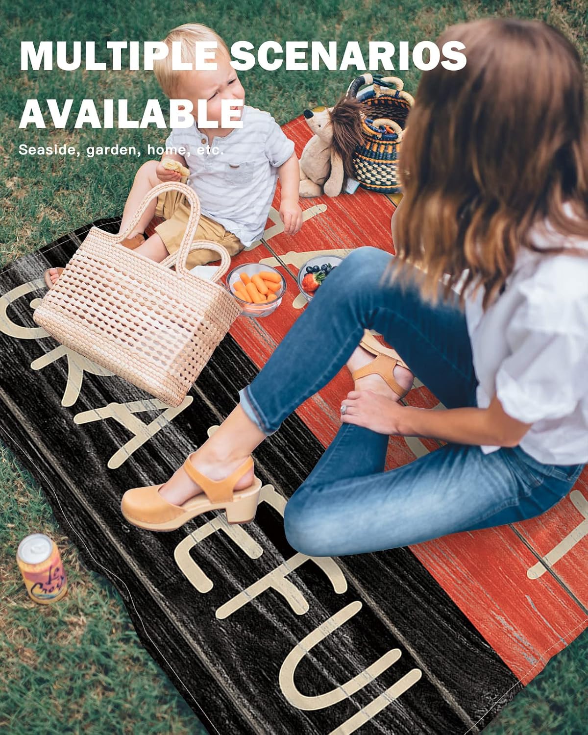 Fall Thanksgiving Day Texts on Wooden Board Beach Blanket Waterproof Sandproof Outdoor Picnic Mat 108"x84" Colored Wood Lightweight Large Beaach Blankets with 4 Stake & 4 Corner Pockets