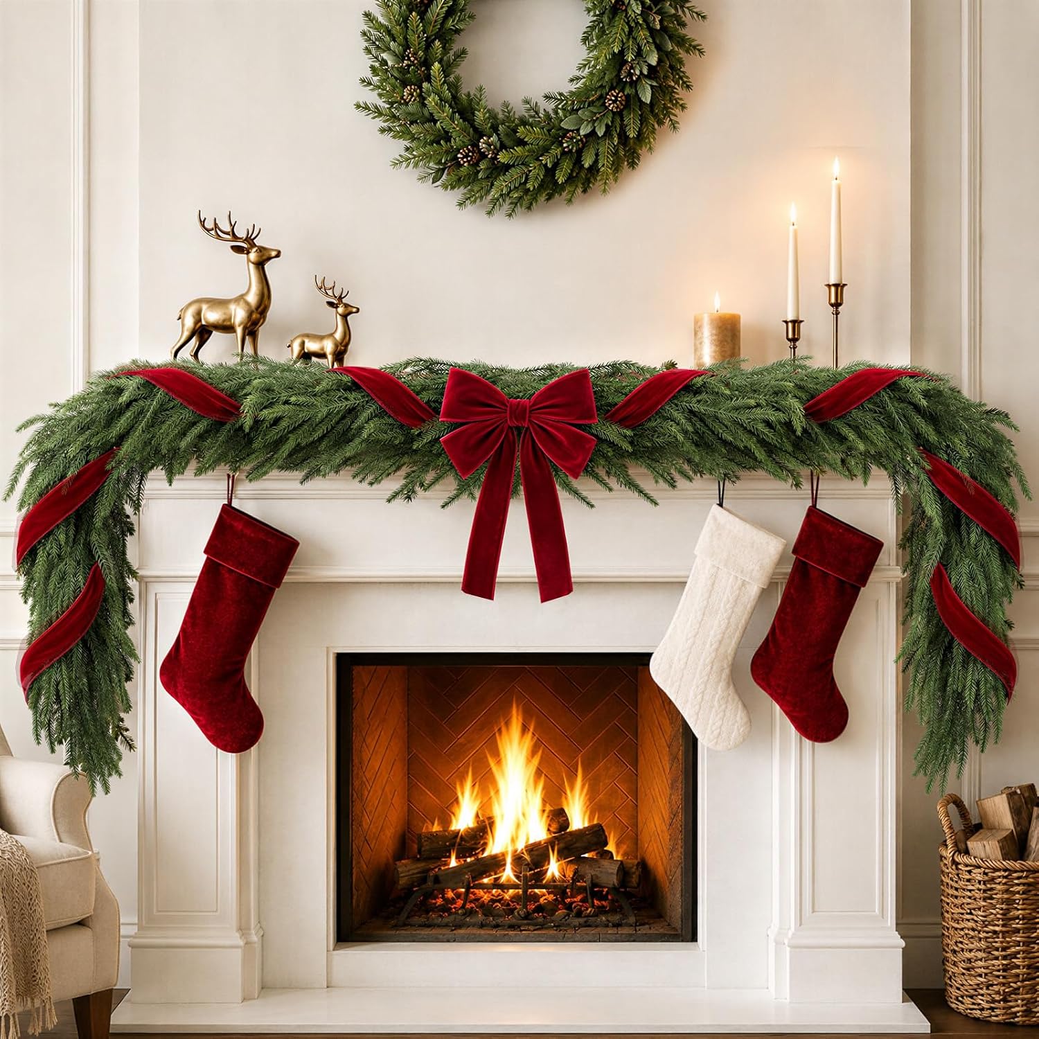 Christmas Decor - 6FT Norfolk Pine Garland with Ribbon Bows Red Velvet | Christmas Decorations, Artificial Norfolk Pine Christmas Garland for Mantels, Table, Staircases, Front Door Home Decor