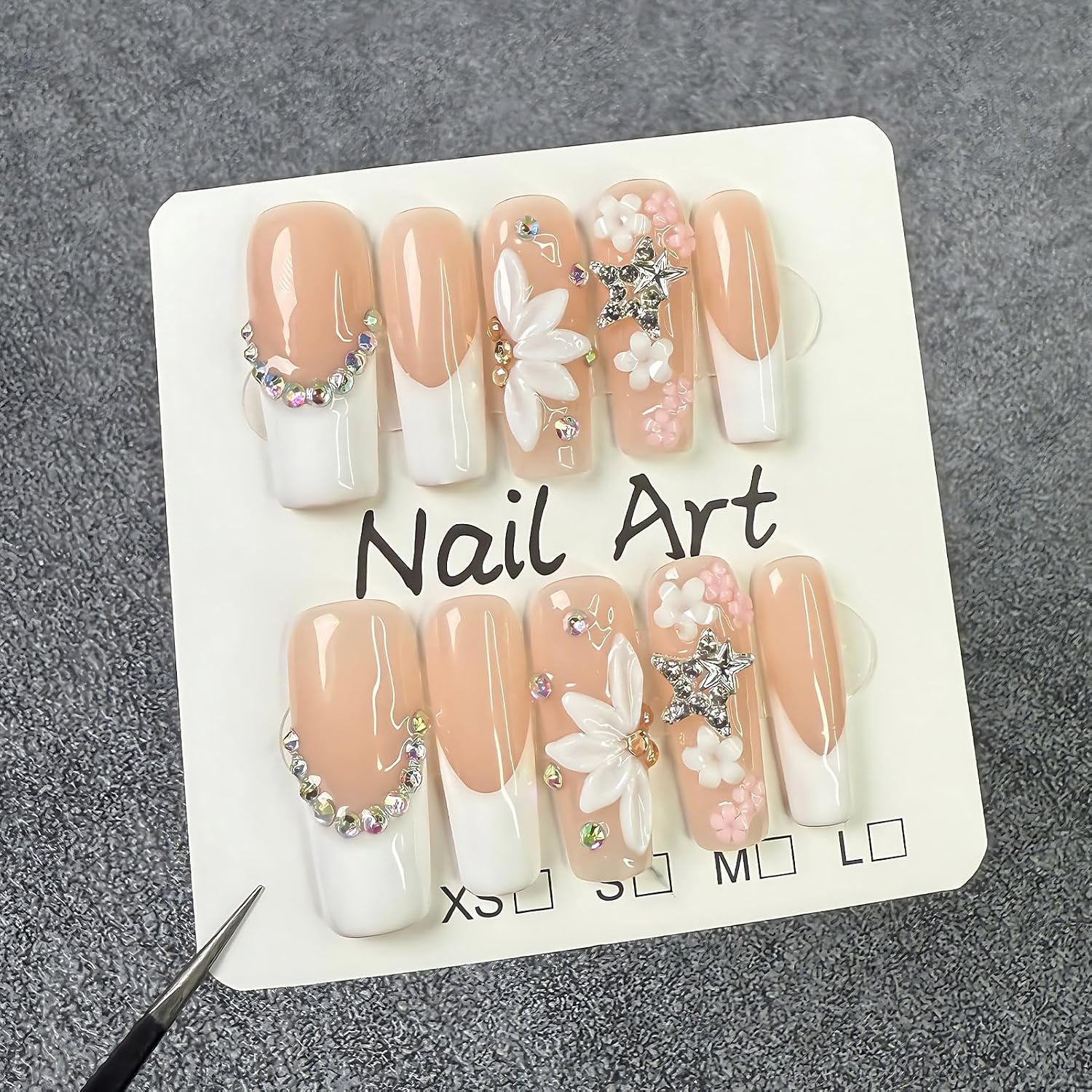 Handmade Press On Nails Almond Long Homemade Press On Nails French Tip With 3D Design Fake Nail Art For Women M