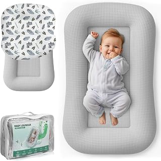Baby Lounger for Newborn - Infant Lounger 0-24 Months with Lounger Cover, Cooling Baby Nest Lounger, Breathable Waffle Fabric & 3D Support, Portable Newborn Essentials for Baby Shower Gifts, Gray