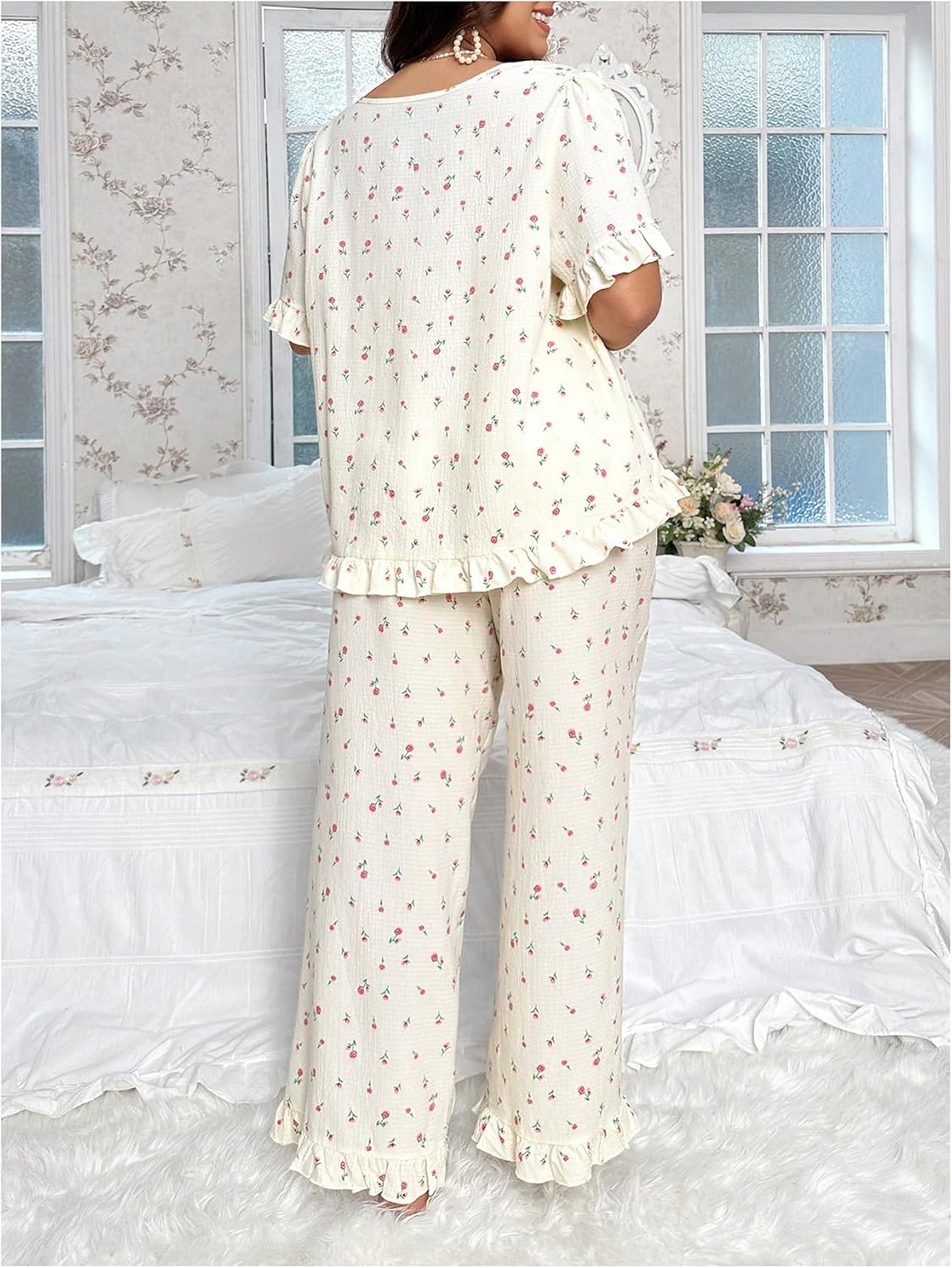 OYOANGLE Women's Plus Size Pajama Set Floral Short Sleeve Sleepwear Ruffle Pants 2 Piece Pjs Lounge Set - Image 2