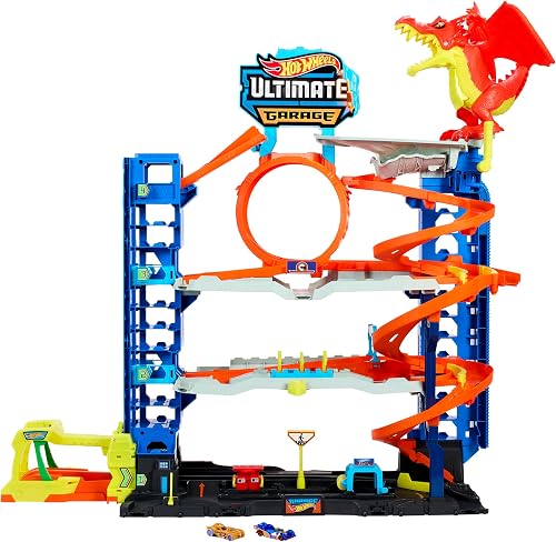 Hot Wheels Let's Race Netflix - City Ultimate Garage Playset with 2 Die-Cast Cars, Toy Storage for 50+ 1:64 Scale Cars, 4 Levels of Track Play, Defeat the Dragon, HKX48 - 1
