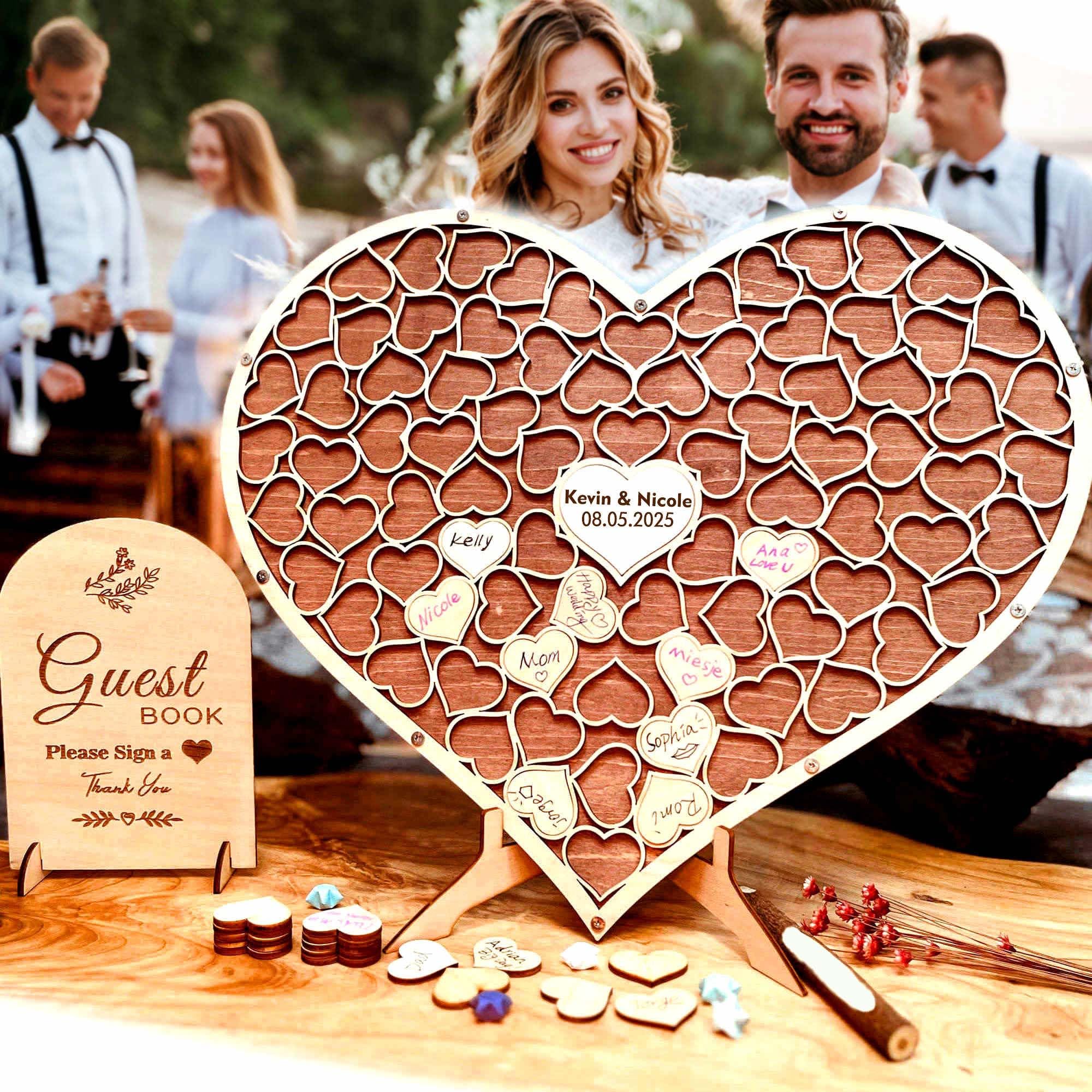 Wedding Guest Book Unique Wooden Heart Shaped Alternative GuestBook Birthday Wedding Decoration with 83 Wooden Hearts 1 Sign Pen Set (Color1- No Custom)