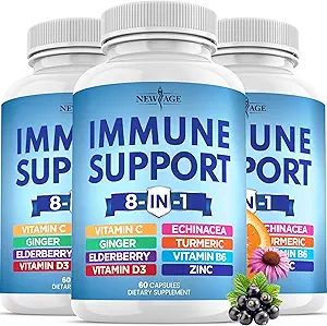 8 in 1 Immune Support Booster Supplement with Echinacea, Vitamin C, Zinc, Vitamin D, Turmeric Curcumin & Ginger (Pack of 3)