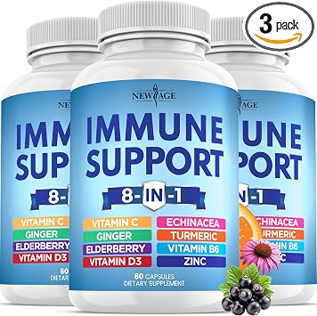 8 in 1 Immune Support Booster Supplement with Echinacea, Vitamin C and Zinc 50mg, Vitamin D 5000 IU, Turmeric Curcumin & Ginger, B6, Elderberry 8 in 1 Capsules Pack of 3