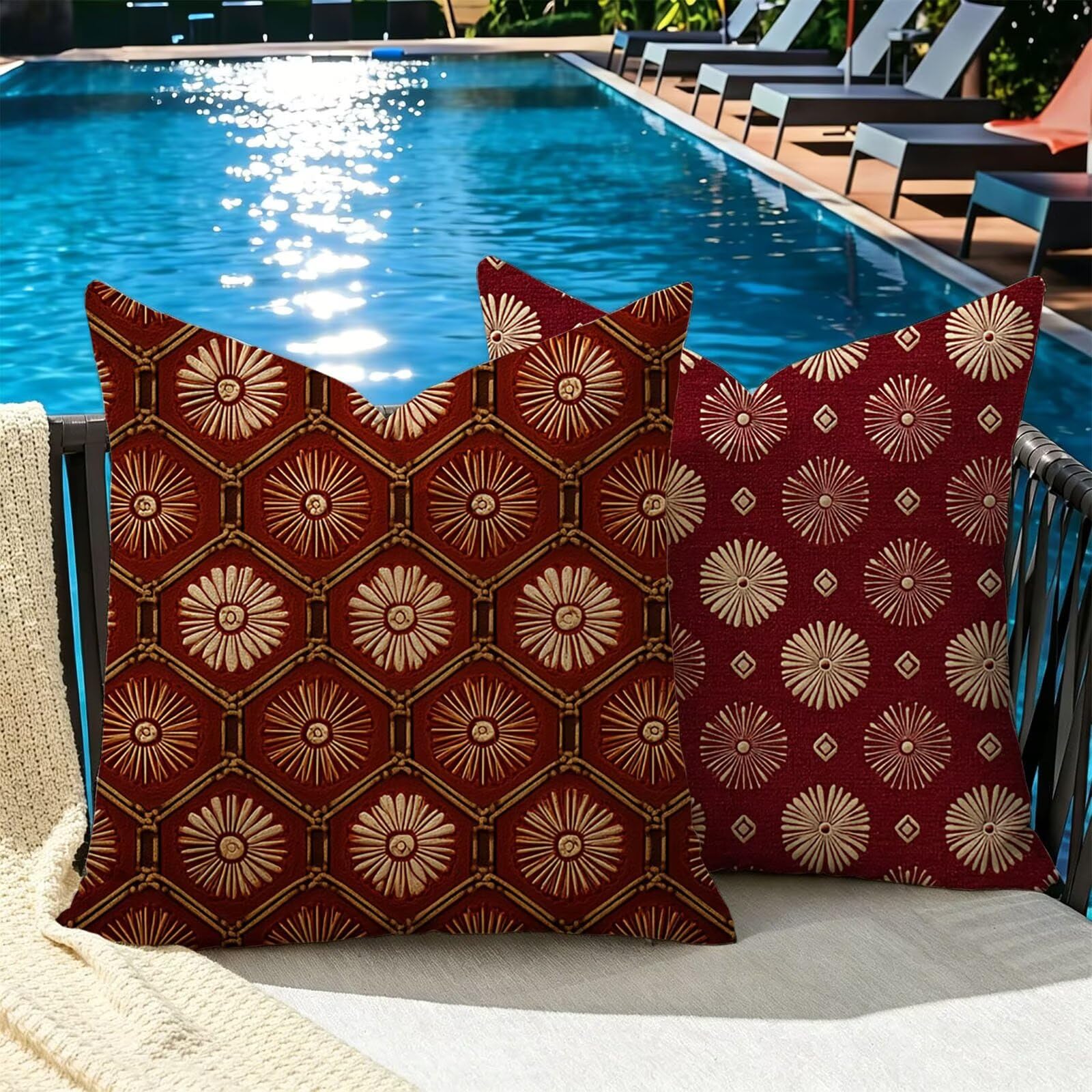 Kissenbezug 65x65cm Outdoor Kissen 2er Set Rot Blume Leinen Dekokissen