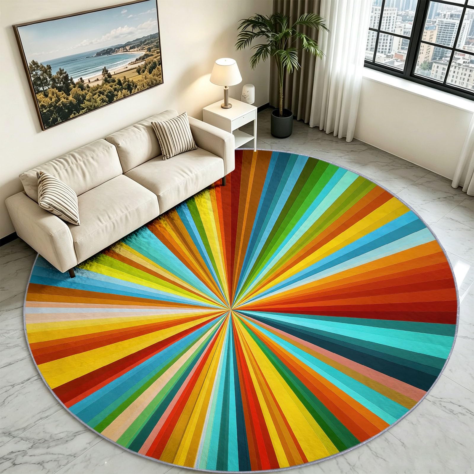 Tapis Chambre Enfant Fille Garçon Rond Ø 160 cm Géométrie Arc‑En‑Ciel Tapis de Sol Décoration Antidérapant - Doux Rampant pour Salon Cuisine Table Basse Table de chevet, Ligne Radiale Solaire