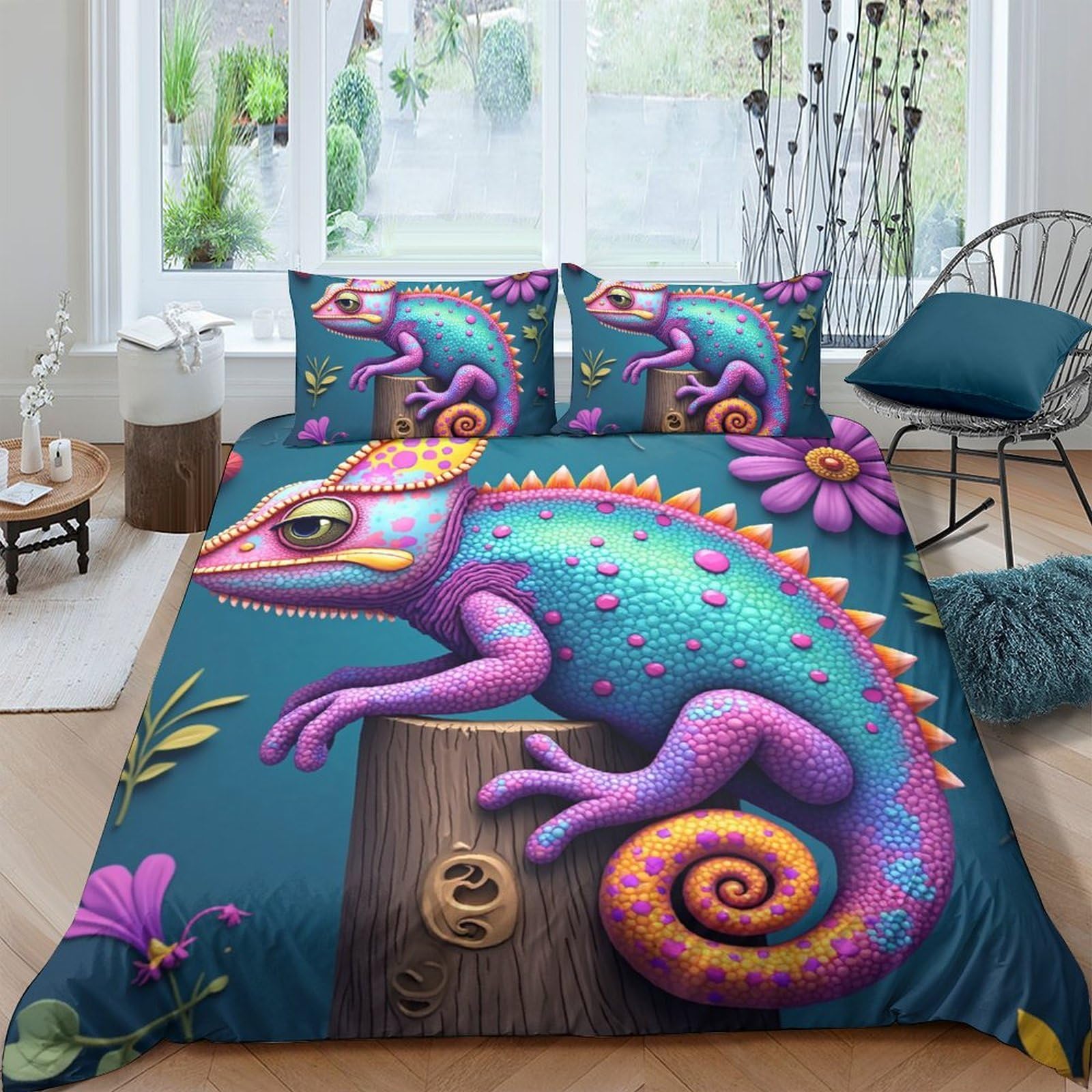 Ctjqhvkz Style-3 3D Printed Colorful Chameleon Fitted Sheet Microfiber Soft Breathable Lizard Bed Cover For Bedroom Dorm Decor Single（135X200cm）