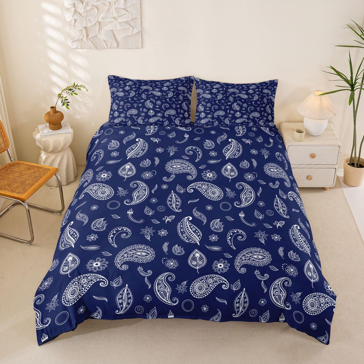 Castle Fairy Paisley Bandanas 2 Pieces Soft Bedding Set,Dainty Floral Duvet Cover Kids Boys Girls Room Decor Watercolor Indian Floral Twin Comforter Cover with 1 Pillowcase (No Comforter),Navy Blue