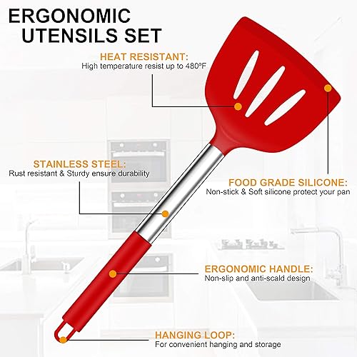 Miniatura 9 de LIANYU Juego de 27 utensilios de cocina con soporte, utensilios de cocina de silicona con mango de acero inoxidable, utensilios de cocina,