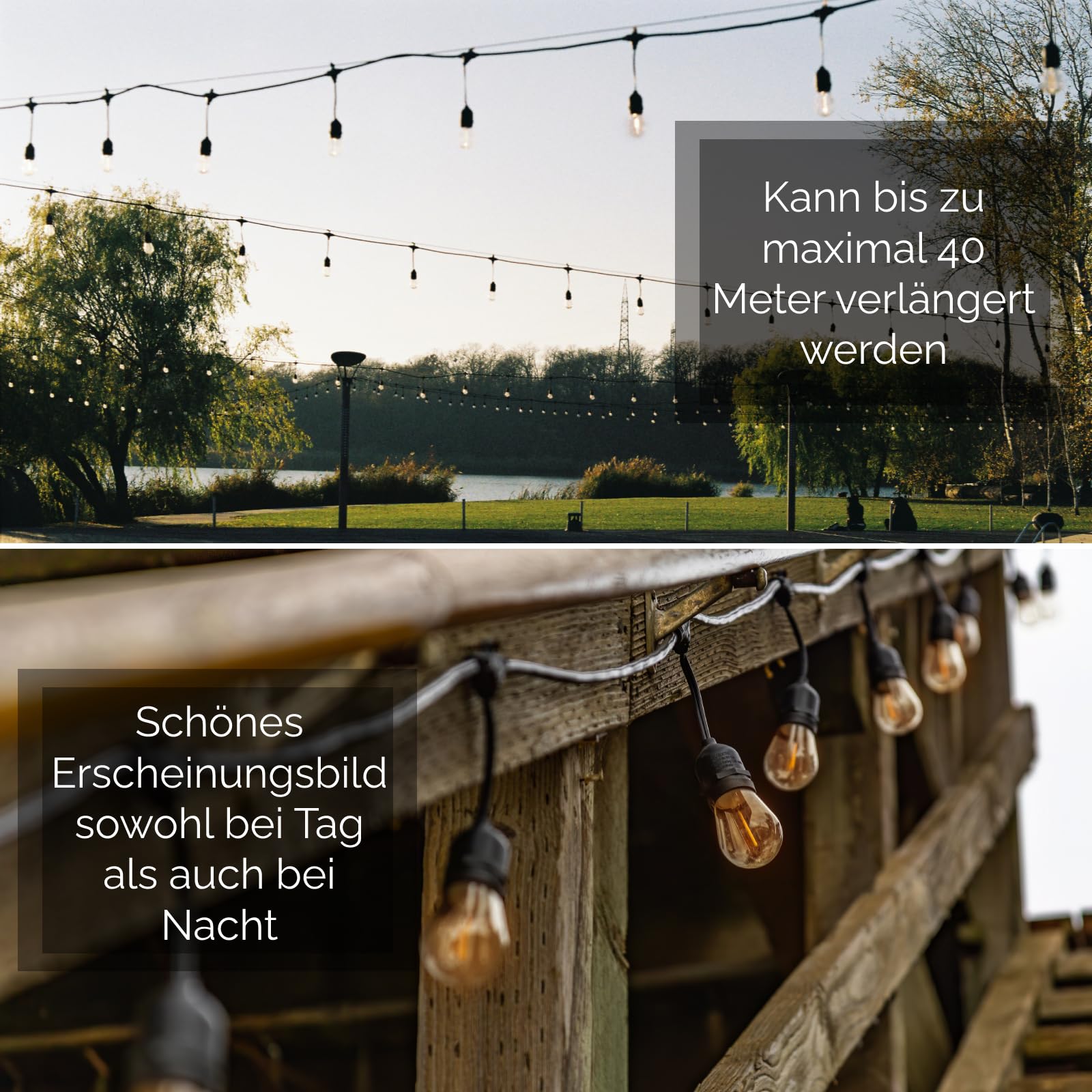 Lumiled Lichterkette Außen 10 Meter mit 10 E27 LED 1,3W Glühbirne ST45 Warmweiß 2200K 230V Birnen für Garten Biergarten Party Hochzeit Dekoration Terrasse Weihnachten verlängerbar mit Strom