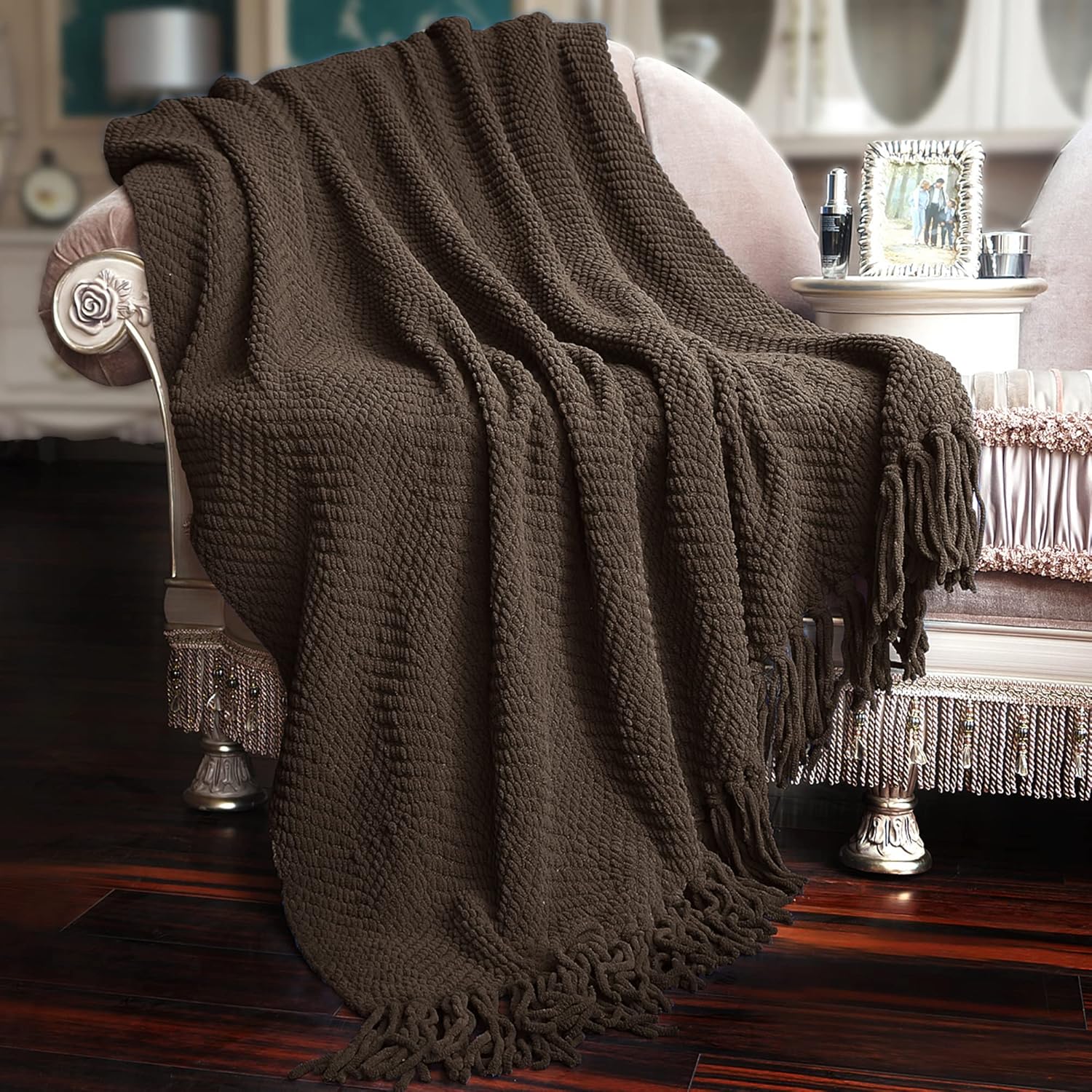 Home Soft Things Brown Throw Blanket Knitted Tweed Throw 50'' x 60'', Seal Brown, Super Soft Cozy Warm Comfortable Breathable Throw for Living Room Chair Couch Bed Sofa Bedroom Home Décor