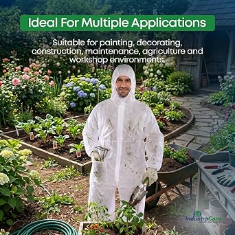IndustraCare 5 PACK - Poly Prop White Economy Lightweight Disposable Overall Boilersuit - Zip up, elasticated hood, ankles and wrists