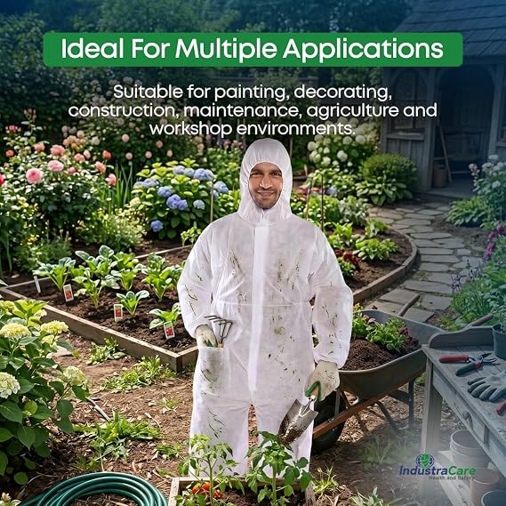 IndustraCare 5 PACK - Poly Prop White Economy Lightweight Disposable Overall Boilersuit - Zip up, elasticated hood, ankles and wrists