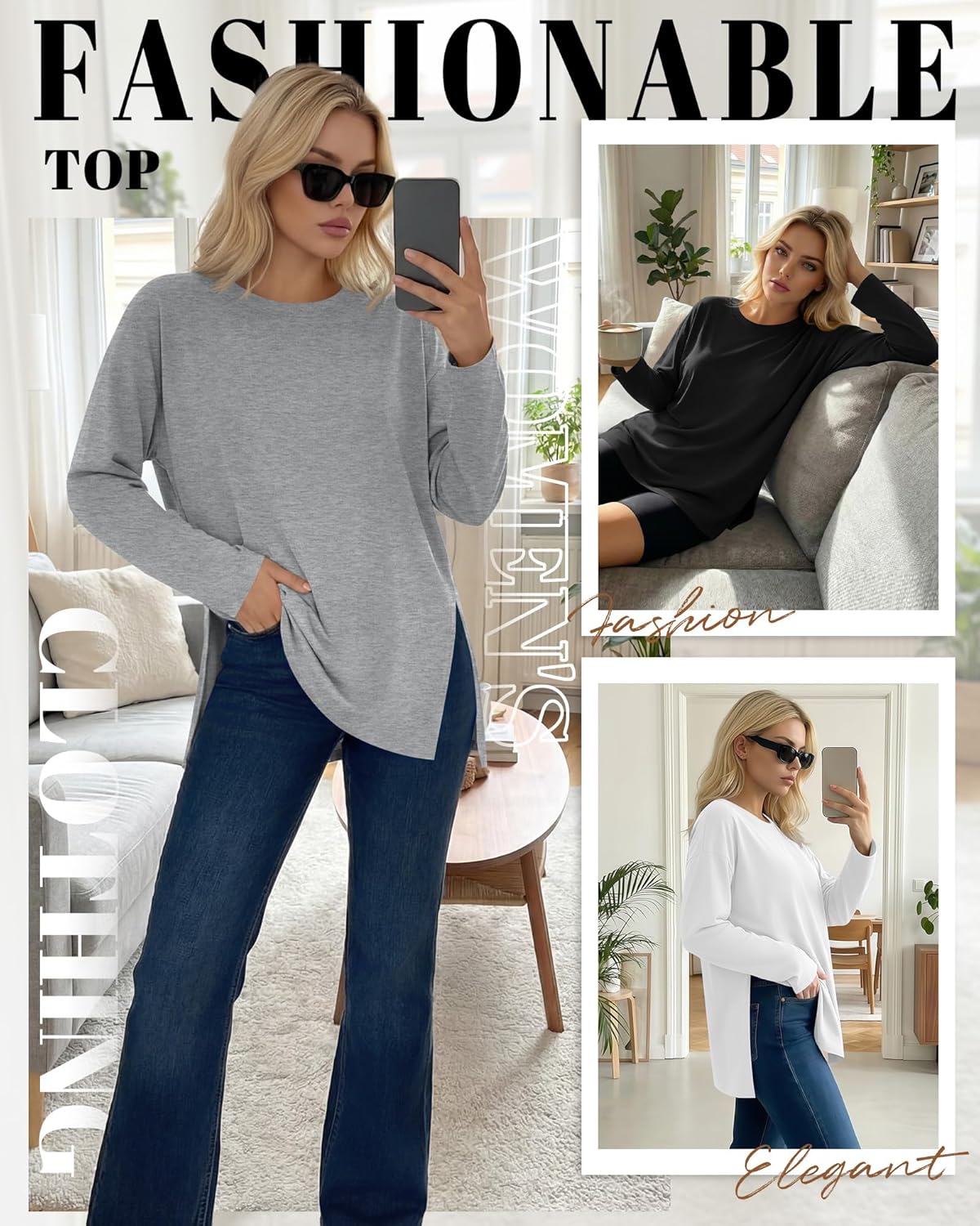 Huukeay 3 Pack Oversized Long Sleeve Shirts for Women Cotton Workout Side Split Gym Crewneck Tops Loose Basic Tee Winter - Image 2