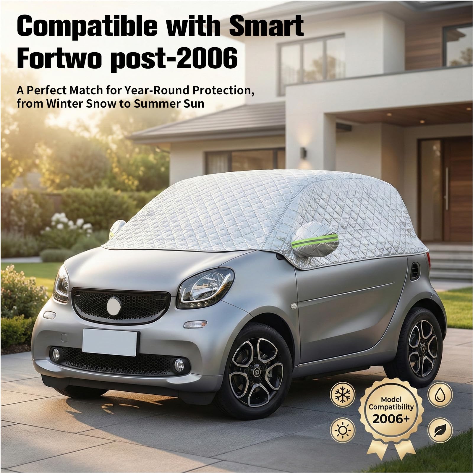 Telo copriauto per Smart Fortwo 2006-2025, ispessito con protezione traspirante contro pioggia, sole, neve, robusta copertura per auto di colore nero per una protezione esterna affidabile