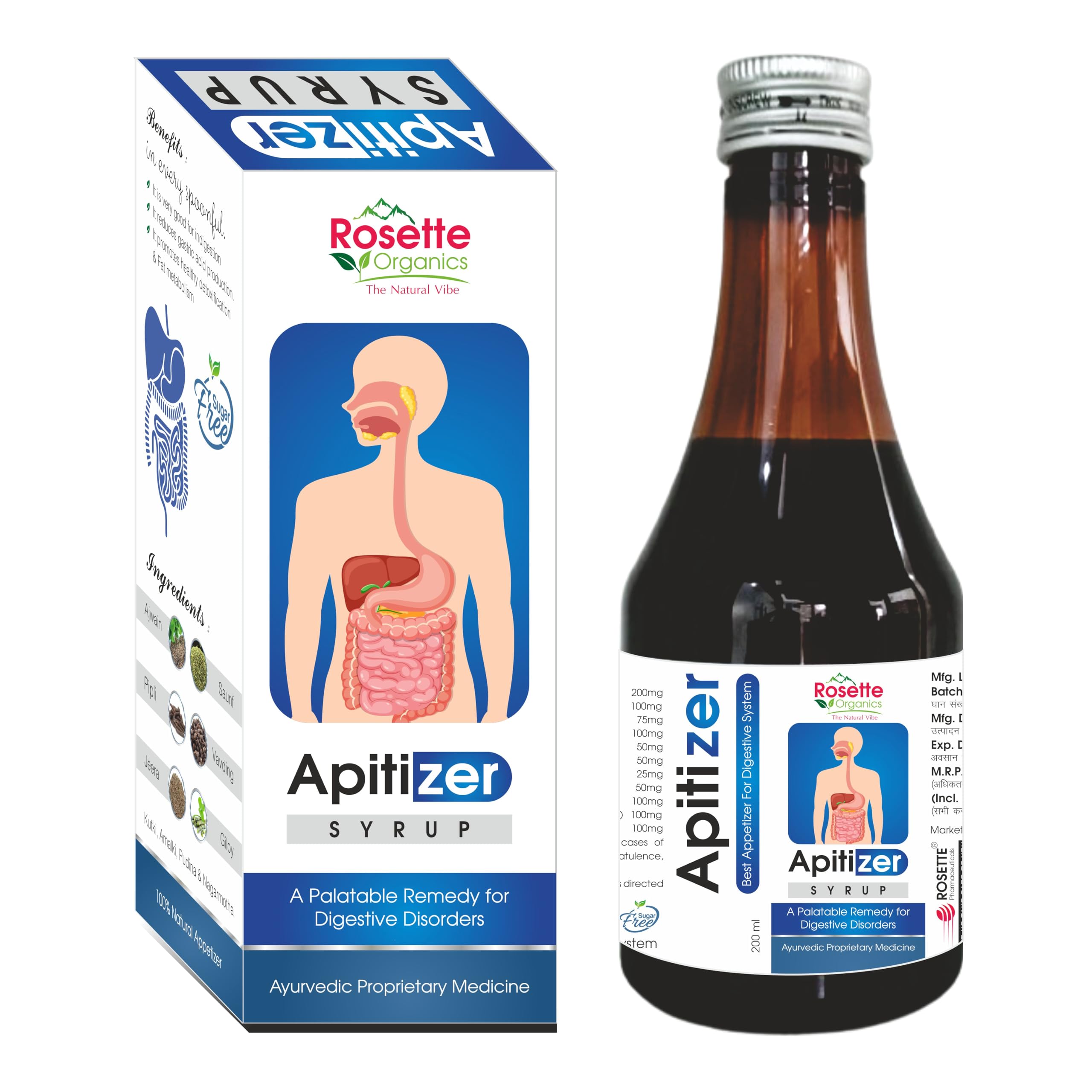Rosette Organics Apitizer Syrup for Acidity, Gas, Constipation | Ayurvedic Tonic to Boost Digestion | Syrup for Immunity Stomach Pain & Indigestion - 200ml