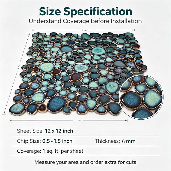Ceramic Pebble Mosaic Tile, Teal Blue & Bronze, 5 Sq Ft
