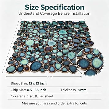 Ceramic Pebble Mosaic Tile, Teal Blue & Bronze, 5 Sq Ft