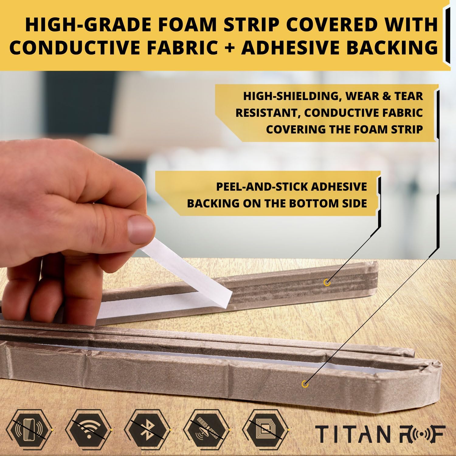TitanRF Faraday Foam Gasket // 90" L x 0.75" W x 0.5" H (228.6cm x 19mm x 12.7mm) Foam Strip Covered in High-Shielding Conductive Fabric with Adhesive Backing // Used to Seal RF Enclosures