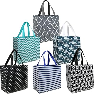 BeeGreen 6 Pack Reusable Grocery Bags Lightweight Shopping Tote Bags with Long Handle Durable Portable Utility Bags for Groceries Supermarket Gift X-Large Foldable Cloth Bags Geometric Design