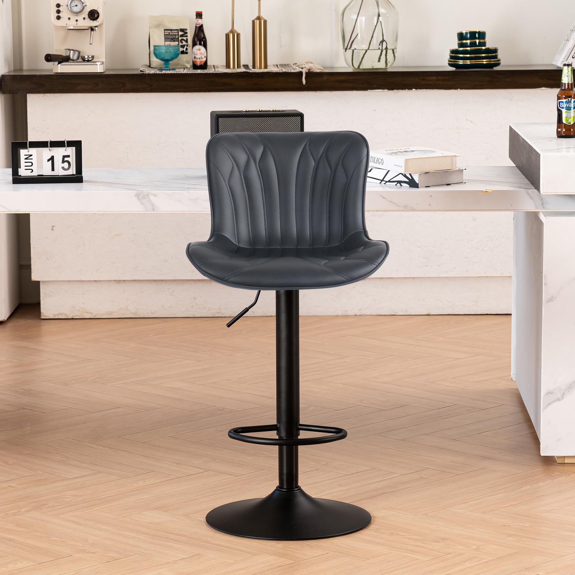 YOUNIKE Single Black Bar Stools Modern Swivel Counter Height Bar Chair with Back Adjustable Kitchen Island Faux Leather Padded Barstools taburetes de